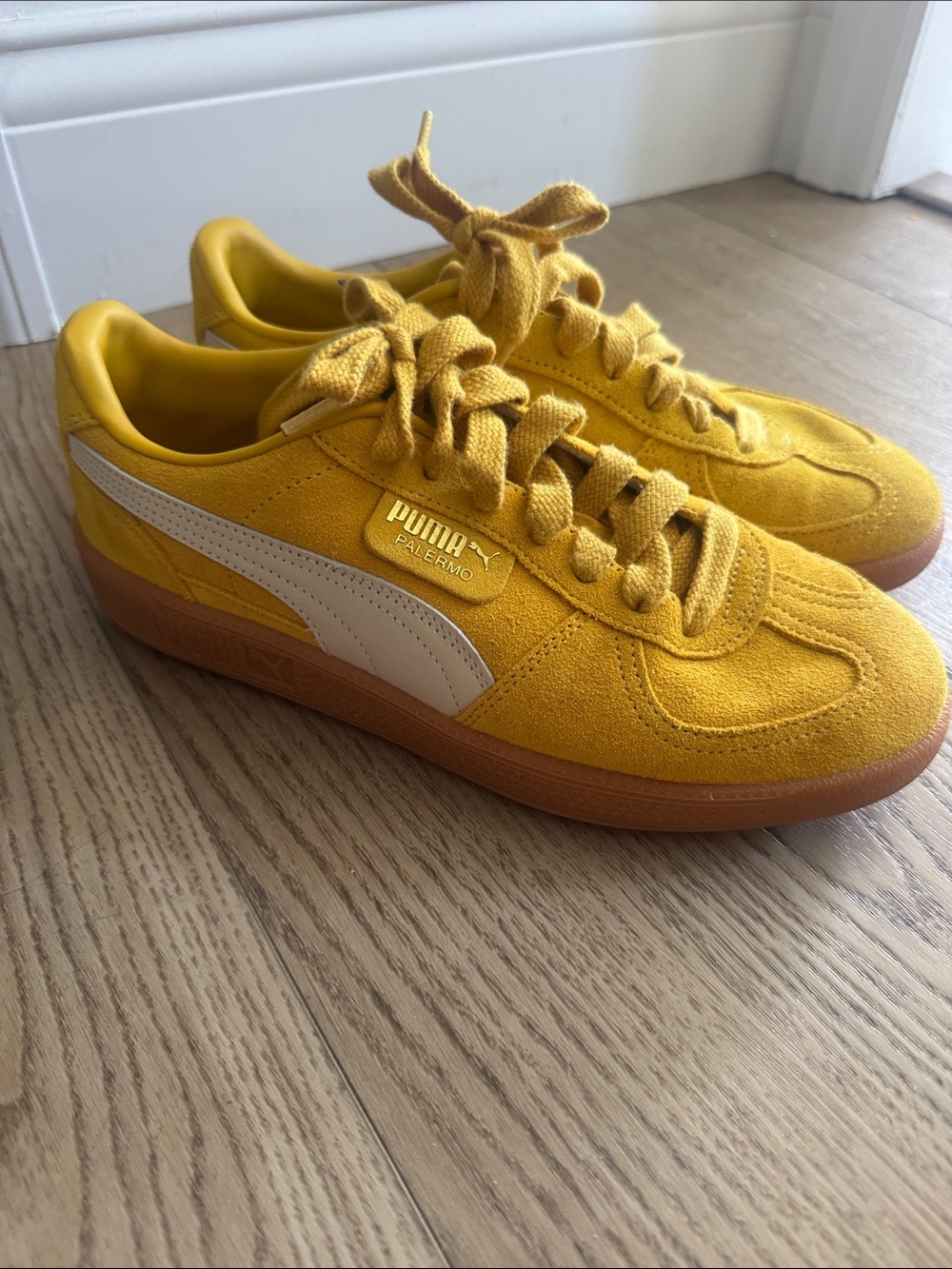 Puma Palermo Suede Sneakers in Mustard Yellow with Cream Formstrip